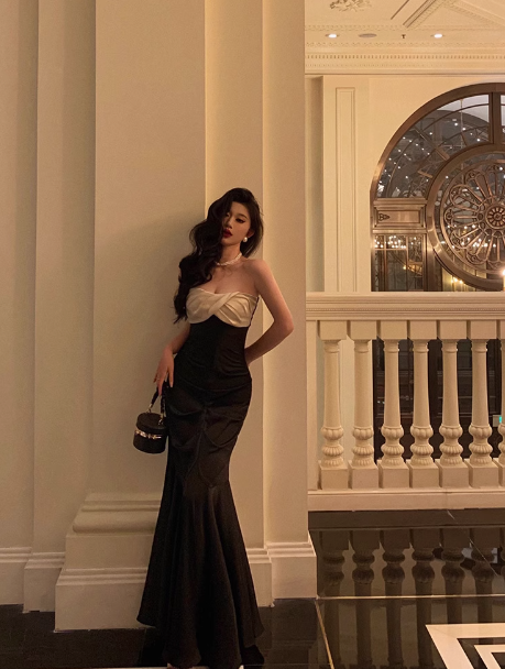 Elegante vestido de fiesta de sirena con escote corazón de satén negro para cumpleaños número 23, ideas para vestidos de cumpleaños para mujeres (DP1488)