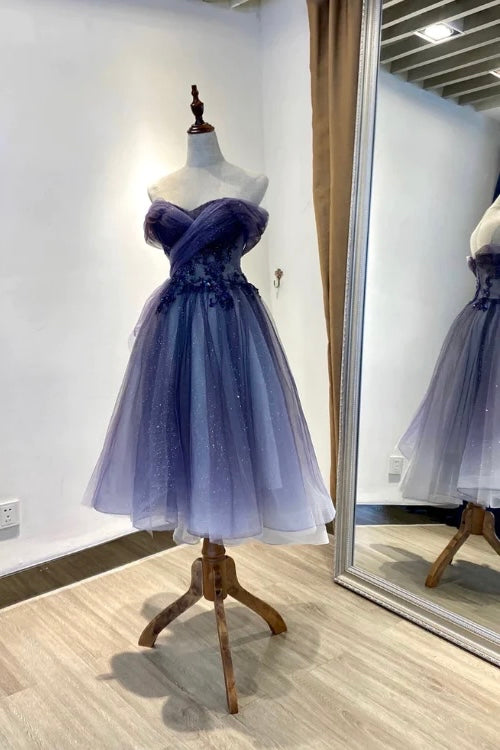 Sweetheart Purple Tulle With Lace Short Prom Dress, Sparkly Homecoming Dresses GM680