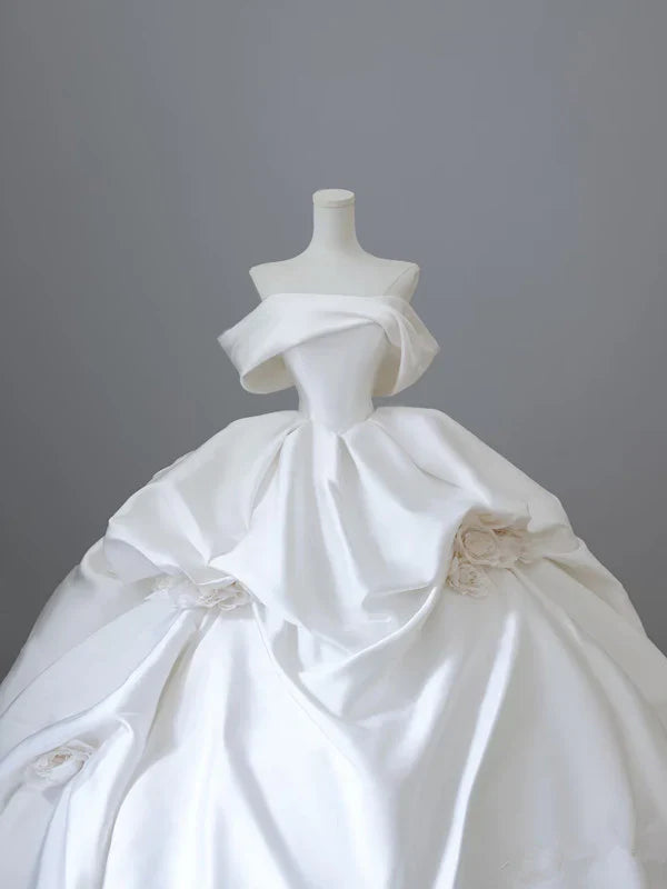 Elegante vestido de novia de satén blanco con hombros descubiertos y volantes, corte A, TP4104