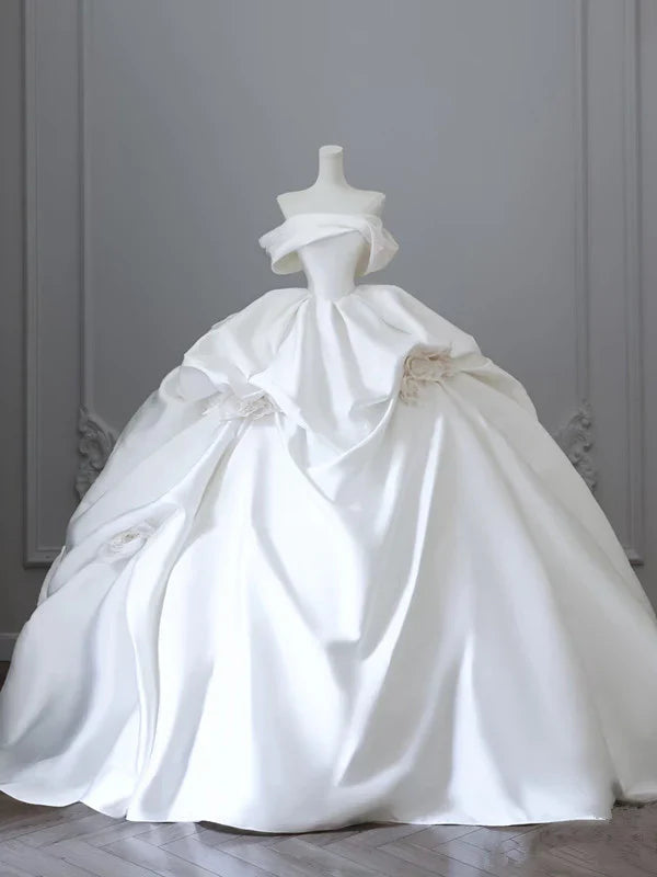 Elegante vestido de novia de satén blanco con hombros descubiertos y volantes, corte A, TP4104