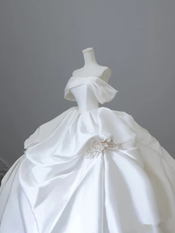 Elegante vestido de novia de satén blanco con hombros descubiertos y volantes, corte A, TP4104