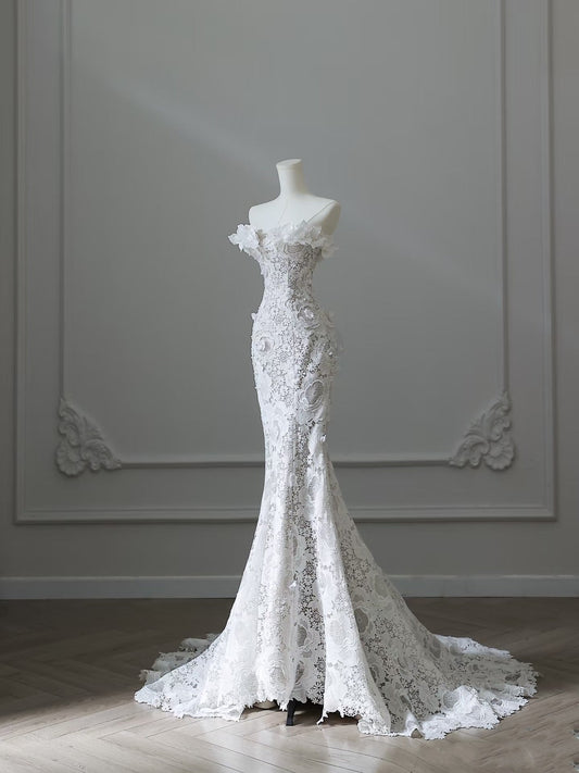 Princess Mermaid Strapless White Lace Long Wedding Dresses Brides Dress S3838