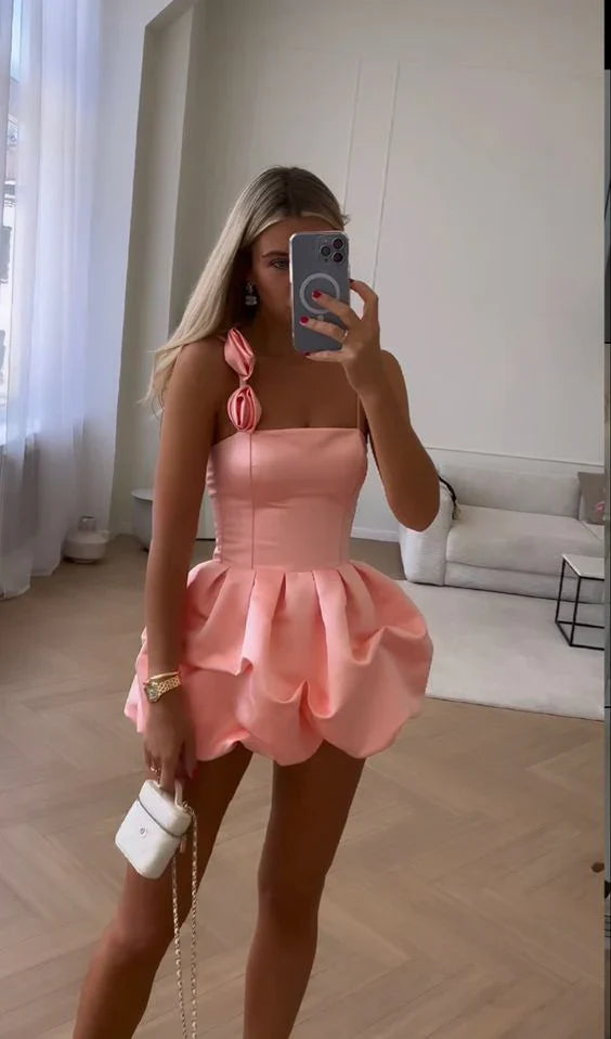 Vintage Pink Satin Short A-Line Party Dress Cocktail Dress Homecoming Dress TP4449