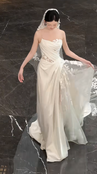 Vestido largo elegante de satén con un solo hombro y apliques de tul blanco, corte en A, para fiesta, boda o noche, GG1135