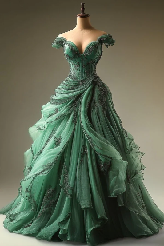 Green Vintage Beaded Long Tulle Ball Gown gh4949