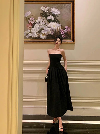 Vestidos de fiesta negros sexis sin tirantes, corte A, sin mangas, para cumpleaños de verano, para 18 años, W814