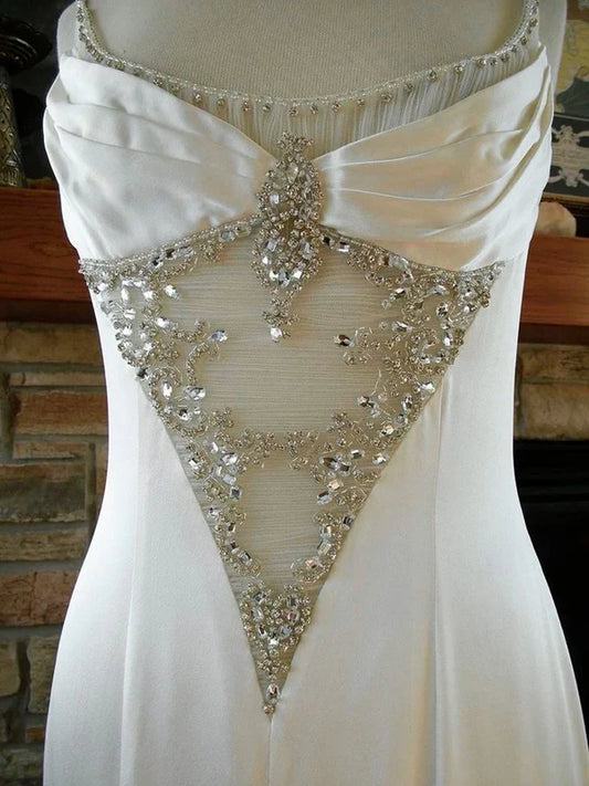 Pure white gorgeous exquisite elegant spaghetti straps long satin floor-length trailing prom dress evening dress wedding dress gh3633