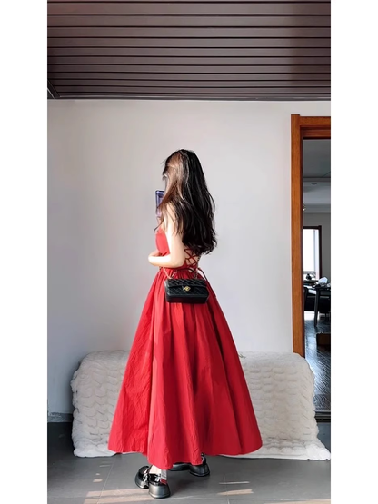 Chic A Line Spaghetti Straps Red Backless Ruffles Long Prom Dresses Birthday Outfits SD510