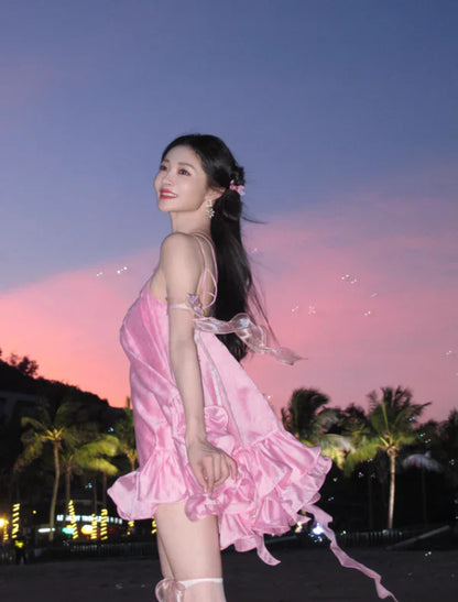 Vestido de fiesta corto de satén rosa con volantes, corte A, vestido de cóctel, vestido de bienvenida TP4429