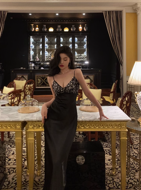 Vestido negro sexy de sirena con tirantes finos para cumpleaños número 18, ideas para vestidos de cumpleaños para mujeres (DP2323)