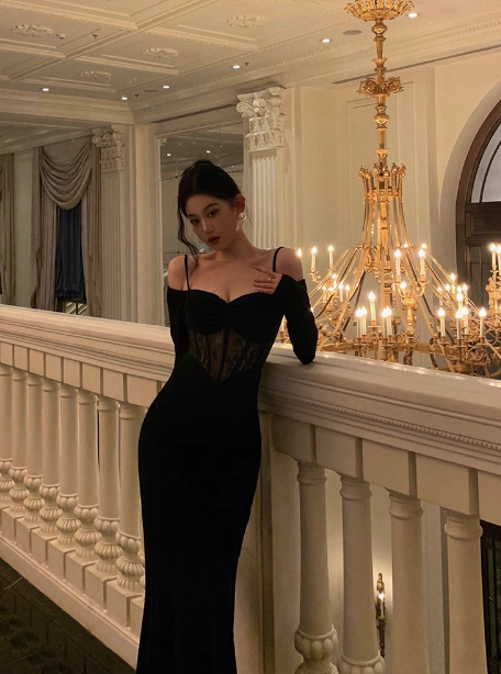 Vestido negro sexy de manga larga para 21 cumpleaños. Ideas para vestidos de cumpleaños para mujeres (DP1898).