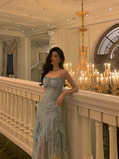 Sexy A line Floral Blue 21st Birthday Dress Party Gown Birthday Outfits Birthday Dress Ideas For Women DP1886