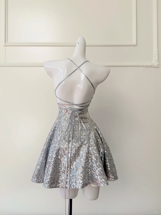Shiny A Line Spaghetti Strap Silver Sequin Short Open Back Homecoming Dress Cocktail Dress SH3005