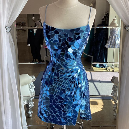 Gorgeous Blue Sequin Sheath Cocktail Dress Spaghetti Straps Short Homecoming Dress S437