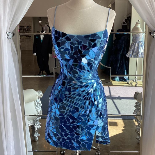 Gorgeous Blue Sequin Sheath Cocktail Dress Spaghetti Straps Short Homecoming Dress S437