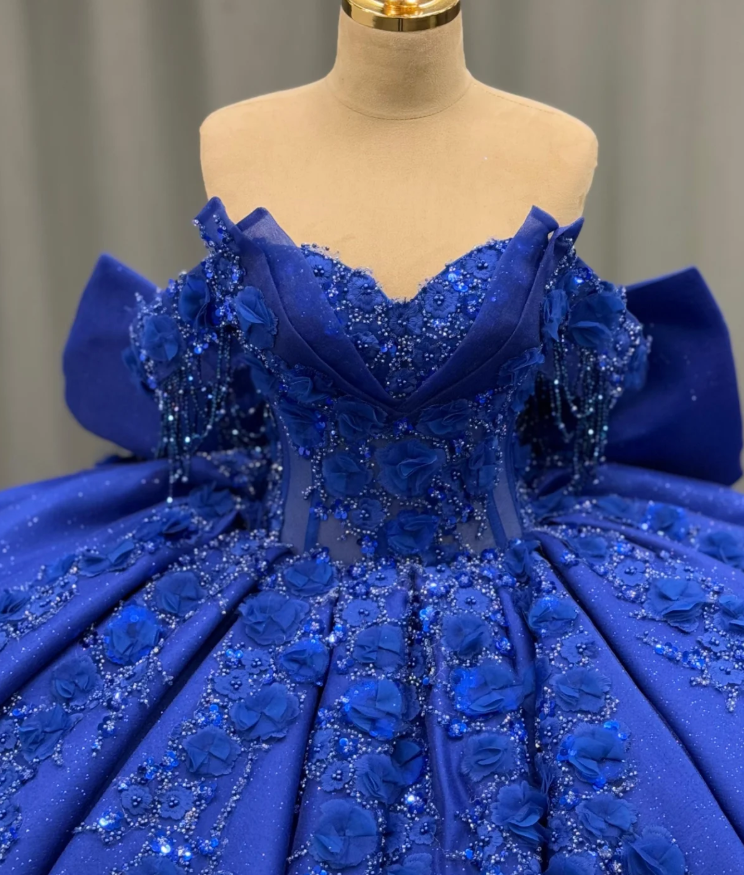 Royal Blue Ball Gown Off the Shoulder Beaded 3D Flowers Sweet 16 Dress Girls Party Gowns vestidos de quinceañera SH3266