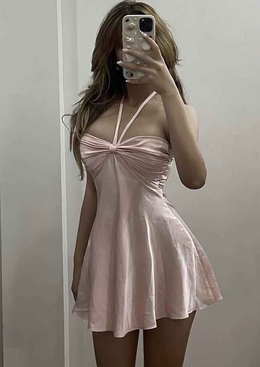 Sexy Pink Halter Satin A Line Cocktail Dress Short Graduation Homecoming Dress S751