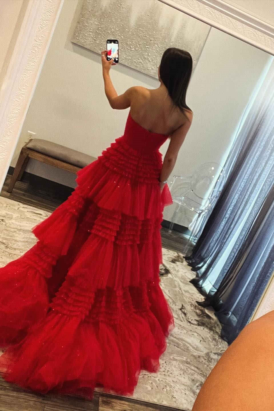 A-Line Strapless Tulle Long Prom Dress with Tiered Ruffles gh2676