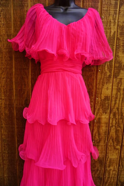 Cap Sleeves Pink Pleats Chiffon Teired Prom Dress, A-line Party Gown GP704