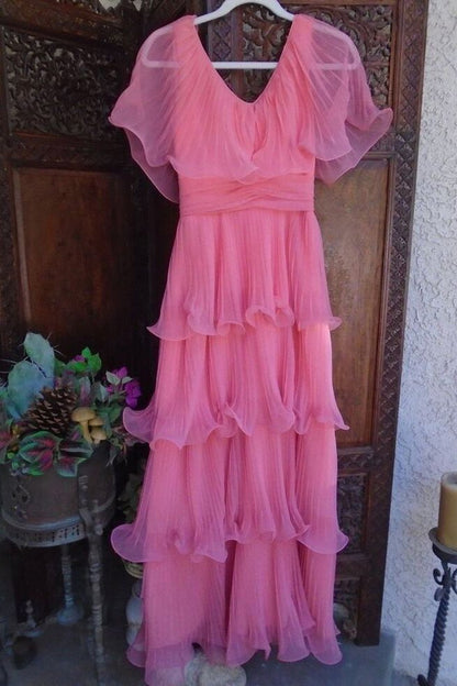 Cap Sleeves Pink Pleats Chiffon Teired Prom Dress, A-line Party Gown GP704