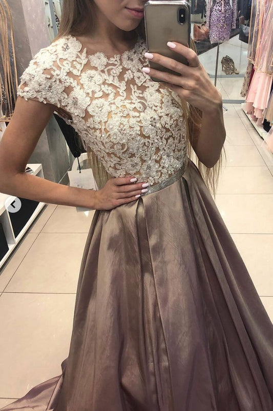 Cap Sleeves Long Prom Dress Satin Lace Appliques Formal Gown GP56