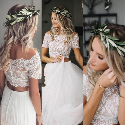 Vestido de novia de dos piezas con top corto de encaje y mangas cortas, informal y fluido