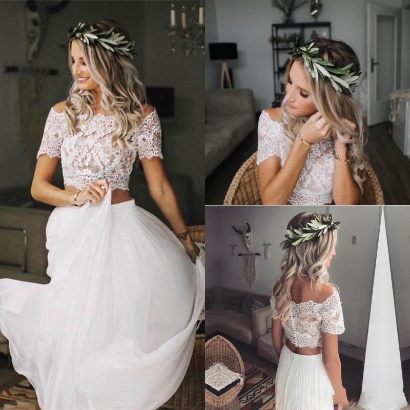Vestido de novia de dos piezas con top corto de encaje y mangas cortas, informal y fluido