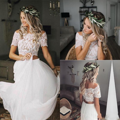 Vestido de novia de dos piezas con top corto de encaje y mangas cortas, informal y fluido