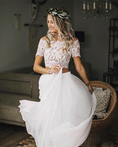 Vestido de novia de dos piezas con top corto de encaje y mangas cortas, informal y fluido