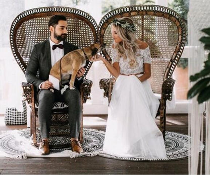 Vestido de novia de dos piezas con top corto de encaje y mangas cortas, informal y fluido