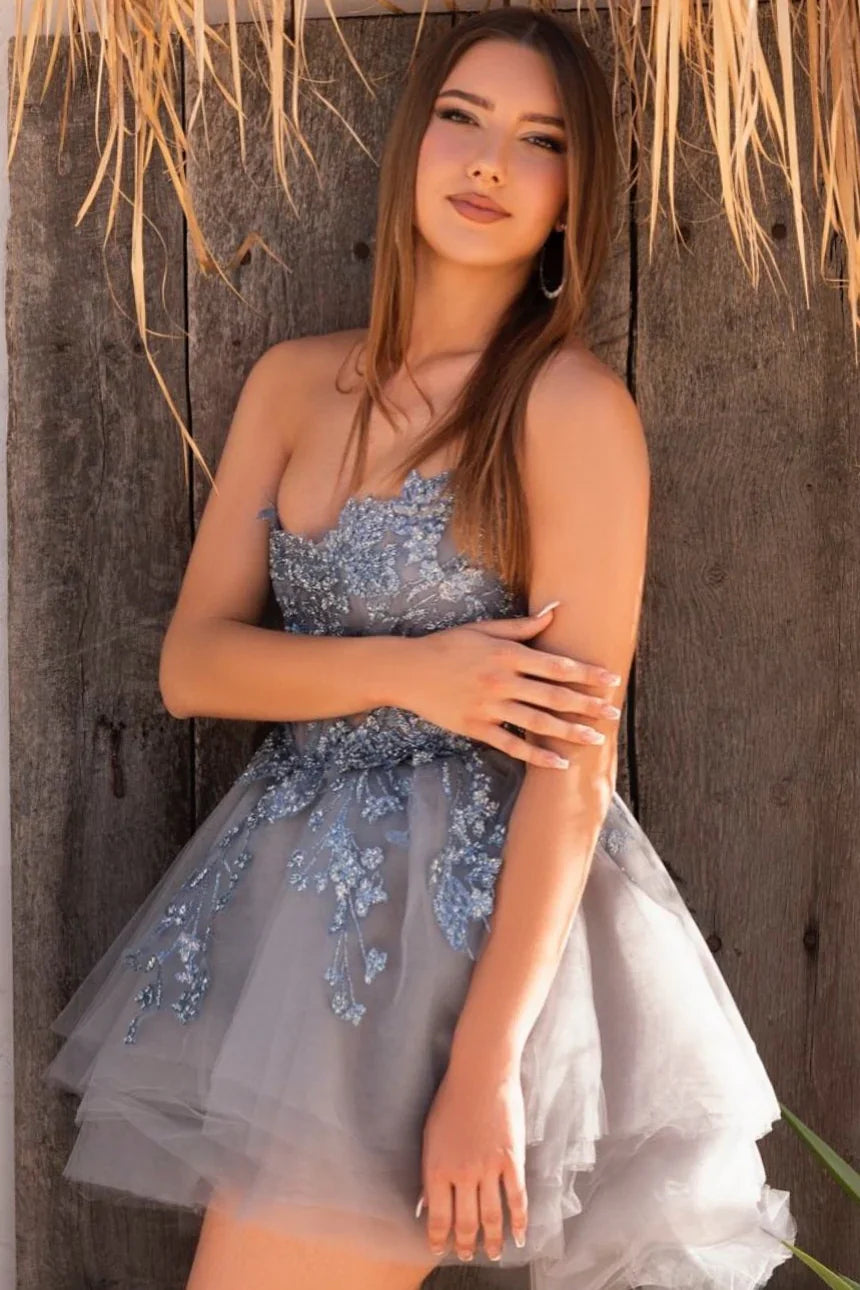 Vintage Blue Applique Strapless Design A-line Tulle Party Dress Homecoming Dress TP4054