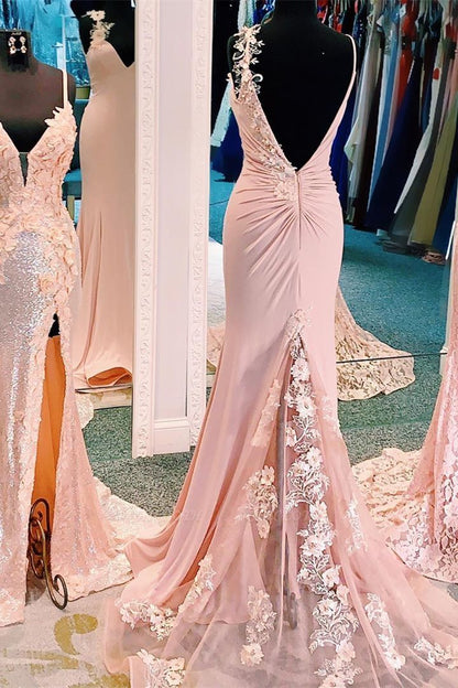 Charming Backless Long Pink Prom Dress, Mermaid Evening Gown With Split GP227
