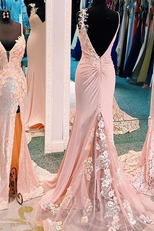 Charming Backless Long Pink Prom Dress, Mermaid Evening Gown With Split GP227