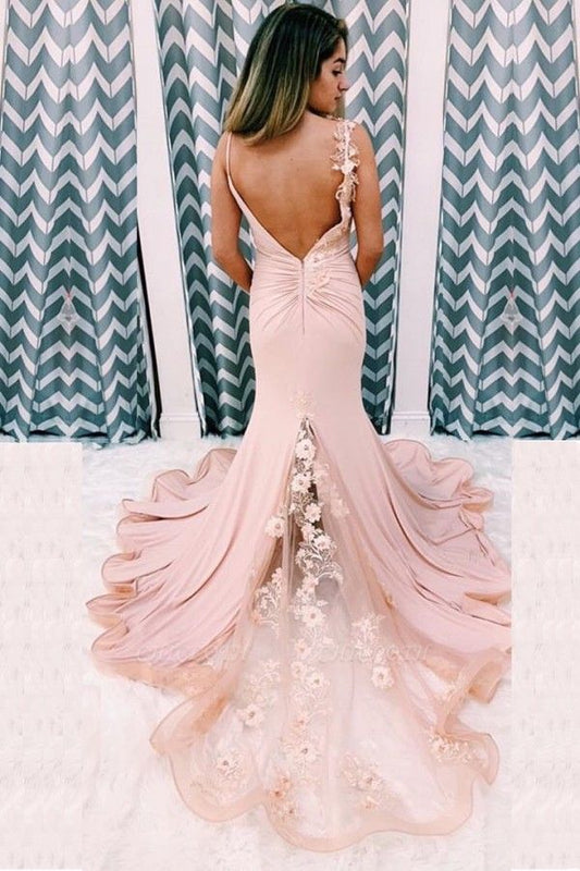 Charming Backless Long Pink Prom Dress, Mermaid Evening Gown With Split GP227