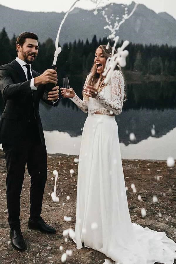 Vestidos de novia de manga larga con encaje, vestido de novia asequible de dos piezas con falda de gasa