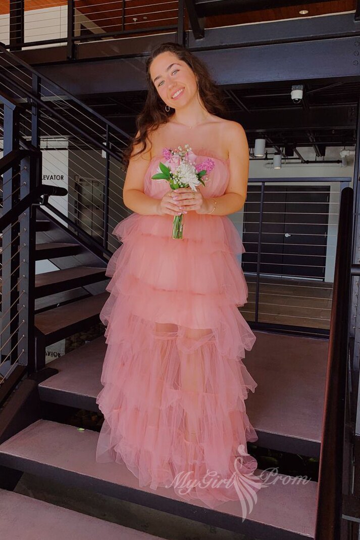 Charming Pink Tulle Layered Prom Dress Strapless Sleeveless Evening Gown GP444