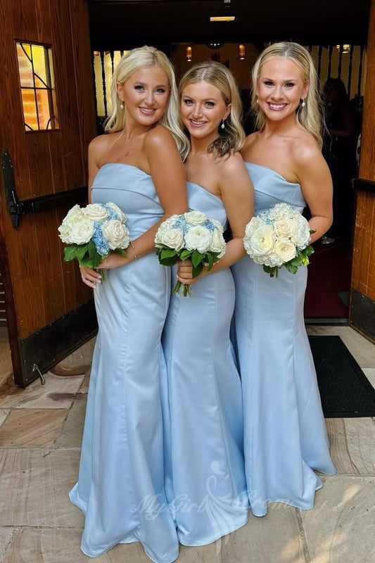 Charming Strapless Blue Mermaid Satin Long Bridesmaid Dresses GB407