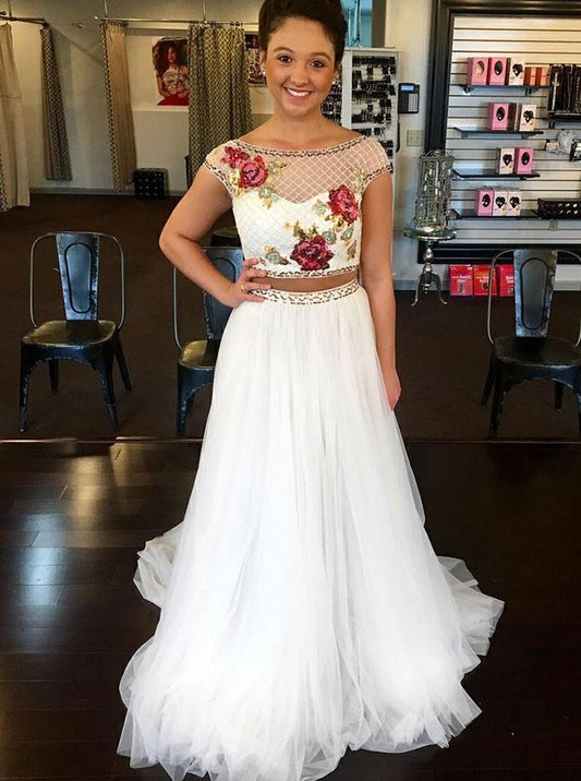 White Tulle Bateau Appliques Two Piece Prom Dress With Beading MP737