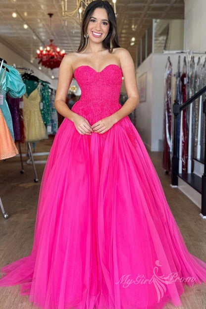 Chic Hot Pink Tulle Long Prom Dress Sweetheart Sleeveless Evening Dress GP464