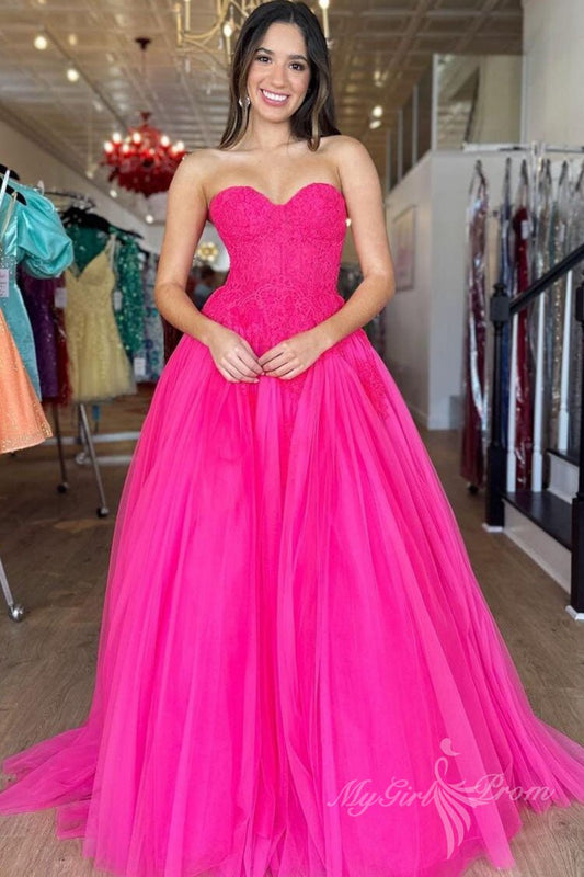 Chic Hot Pink Tulle Long Prom Dress Sweetheart Sleeveless Evening Dress GP464