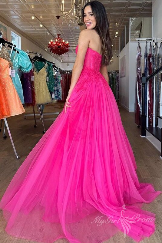 Chic Hot Pink Tulle Long Prom Dress Sweetheart Sleeveless Evening Dress GP464