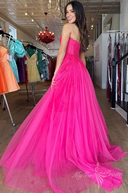 Chic Hot Pink Tulle Long Prom Dress Sweetheart Sleeveless Evening Dress GP464