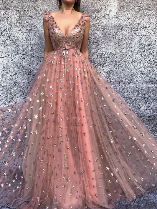 A-line Stars Sequin Long Prom Dress, Starry Night Formal Evening Dress MP1171
