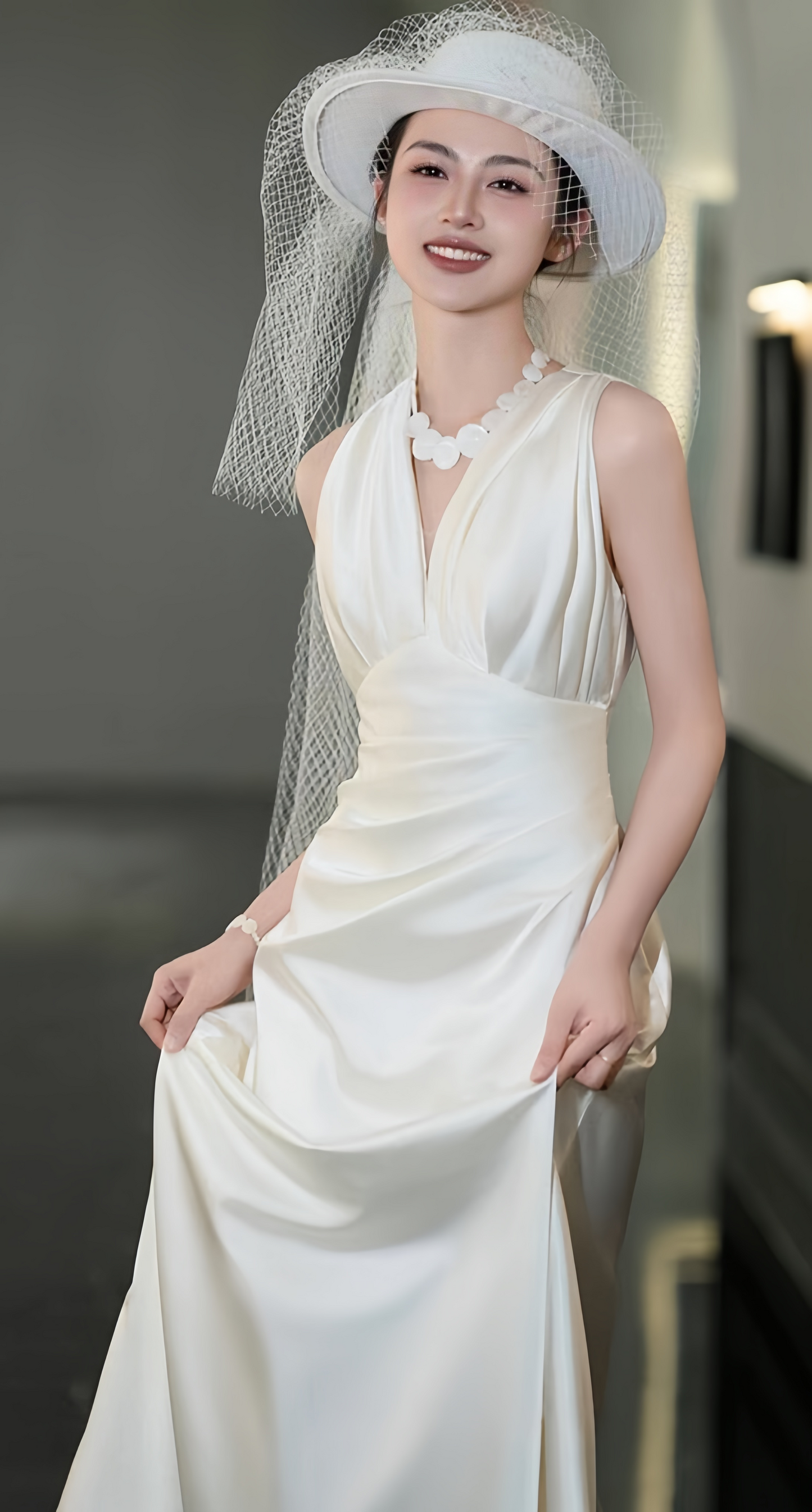 Classic Ivory Satin Wedding Dress, Modern V-neck Wedding Gown, AST1751