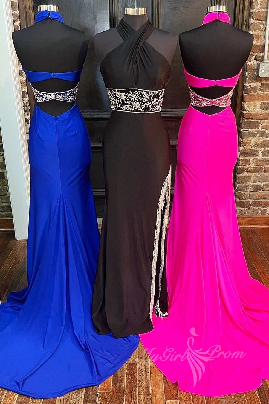 Cross-Front Beaded Fringe Hot Pink Long Prom Evening Dresses with Slit GP479