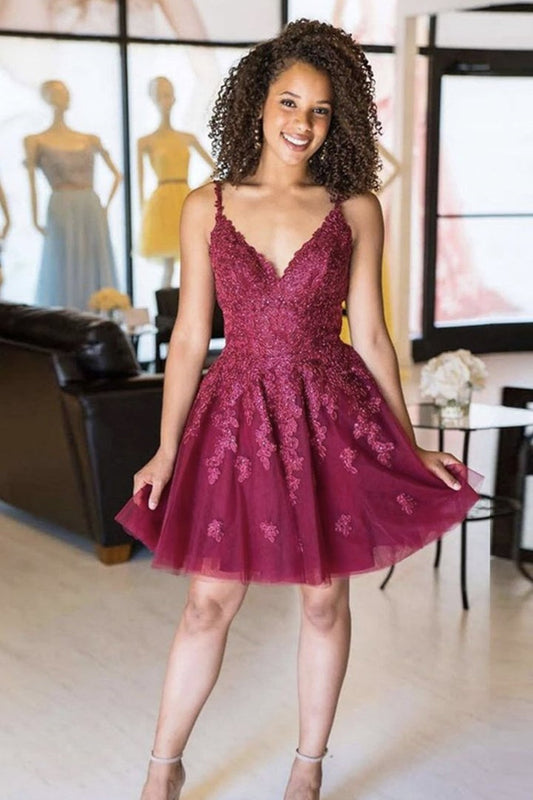 Vestido de fiesta corto de encaje burdeos con escote en V y espalda descubierta, vestido de bienvenida de encaje burdeos, vestido de noche formal de graduación burdeos