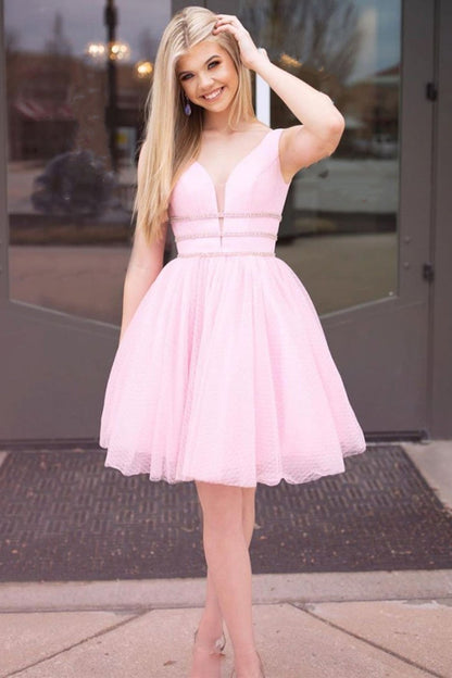 Bonito vestido de fiesta corto rosa con escote en V y cinturón, vestido de bienvenida rosa con escote en V, vestido de noche formal rosa