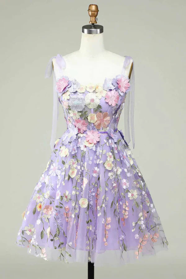 Cute Lavender 3D Floral Design Tulle A-line Mini Strapless Homecoming Dress TP3609