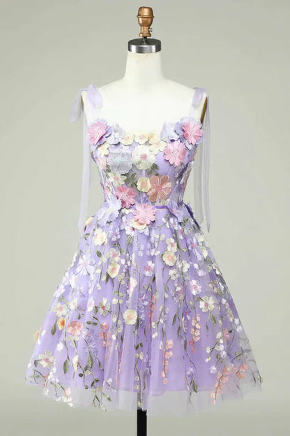 Cute Lavender 3D Floral Design Tulle A-line Mini Strapless Homecoming Dress TP3609