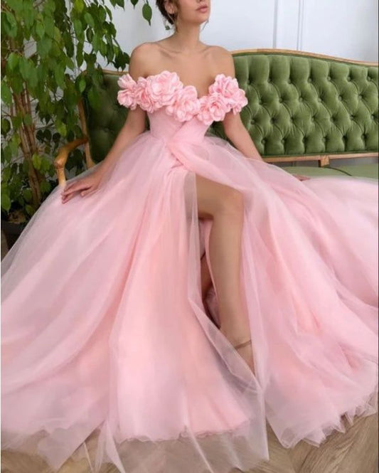 Vestido de fiesta largo de tul con hombros descubiertos y corte A floral, con abertura ED01457